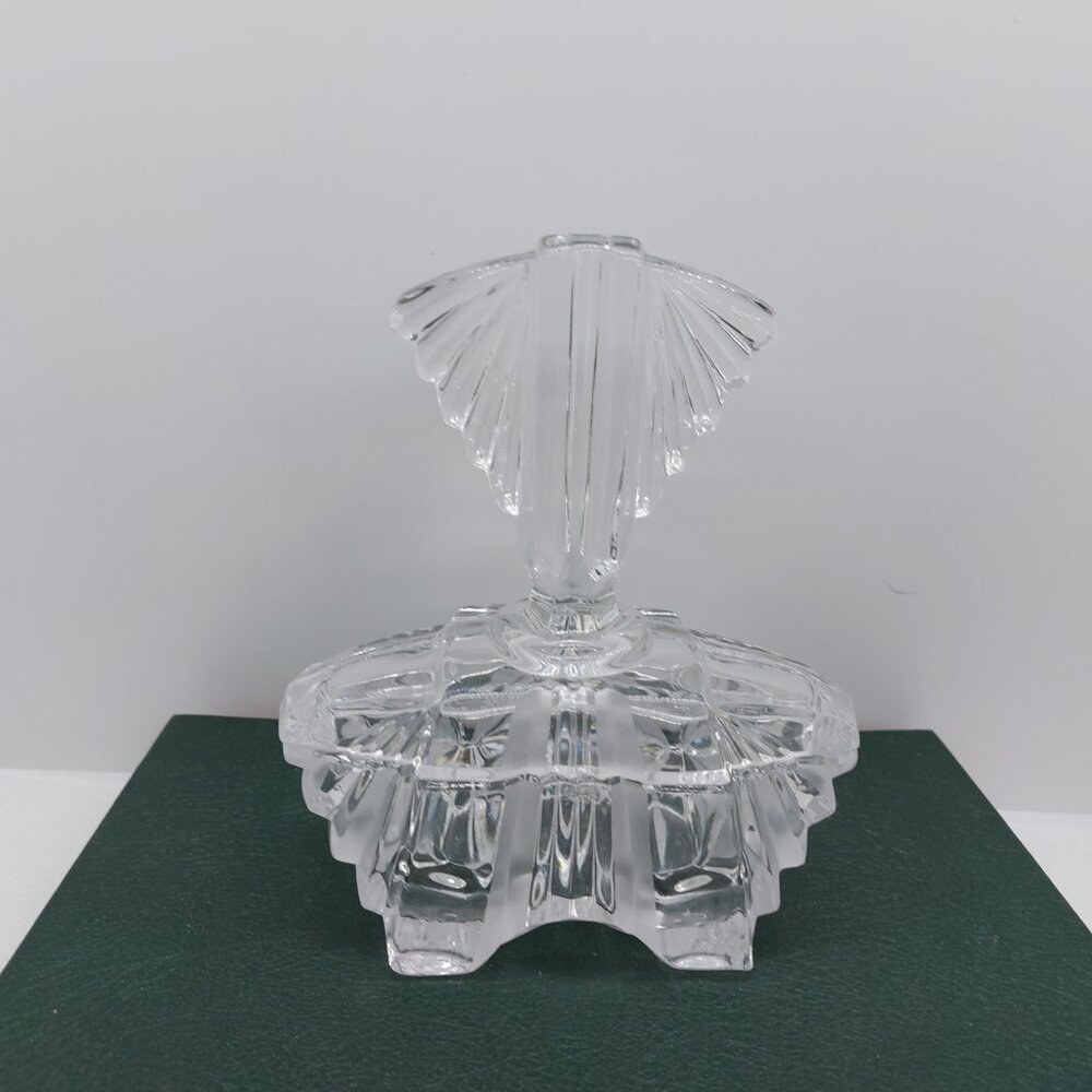 Vintage Art Glass Clear Glass Trinket Pot Fan Shape Lid Vanity Dressing Table - Picture 7 of 16